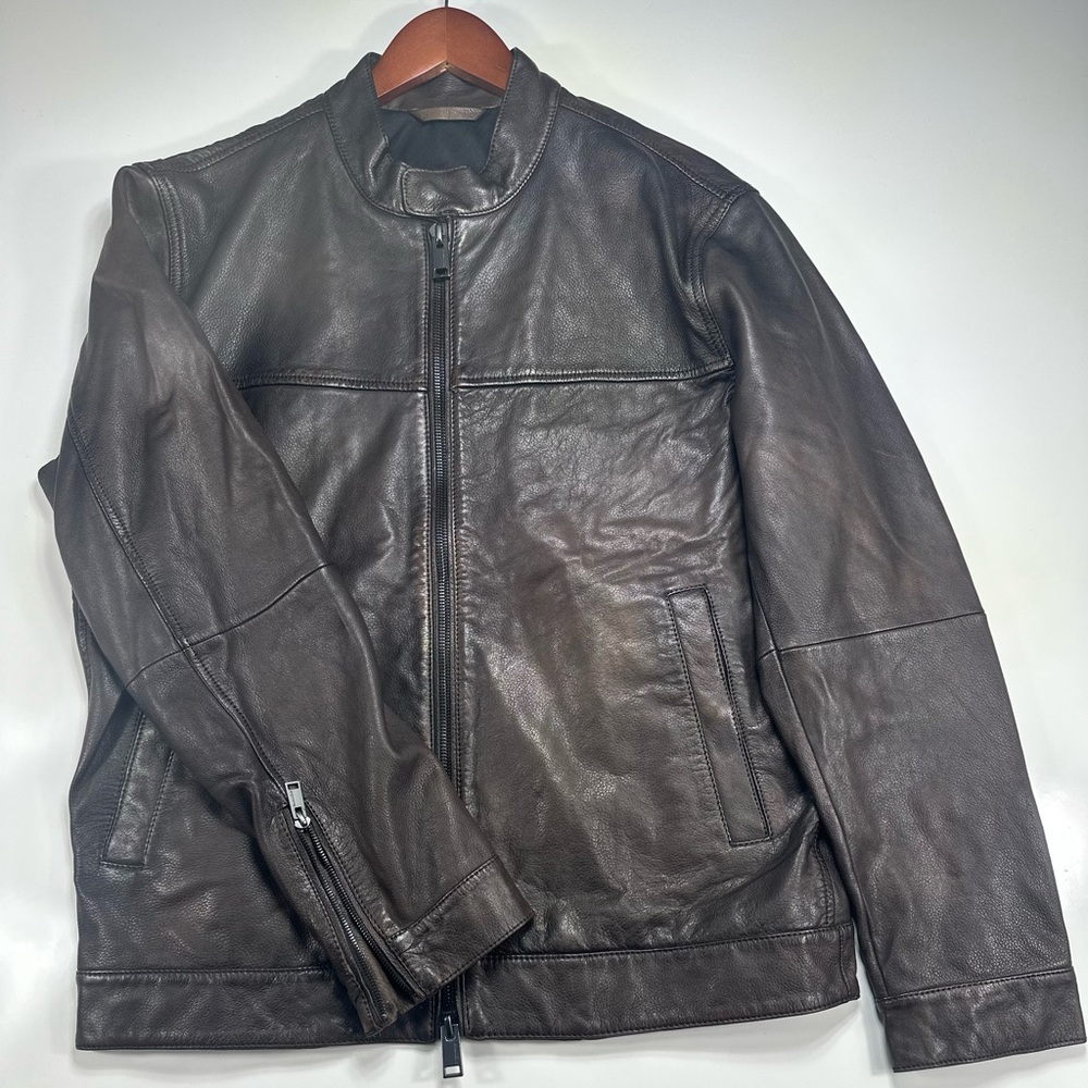 Massimo Dutti Genuine Leather Moto Jacket Dark Brown Euro Slim Fit L